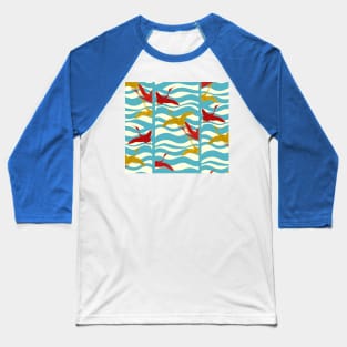 RED YELLOW FLYING CRANES ON WHITE BLUE SEA WAVES Baseball T-Shirt